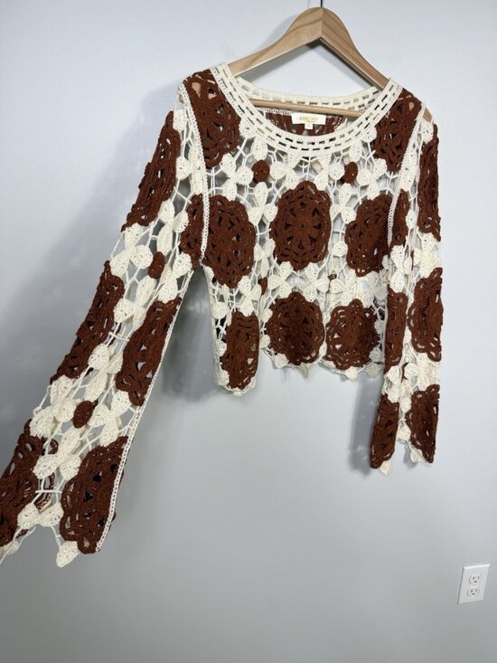 Rebellion Sweaters - Rebellion Again Crochet Sweater Womens L Brown White Floral Open Boho Festival